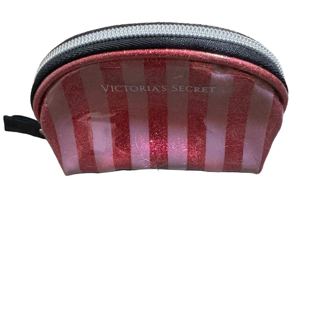 Victoria's Secret Women Pink Glitter Stripe Around Zip Pouch Coin Purse One Size